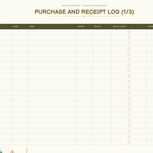 May include: A digital purchase and receipt log planner page with a dark green header row labeled Date, Store, Items, Amount, Paid By, Receipt Saved, and Reimbursable. The layout includes a sidebar with navigation tabs and checkboxes.