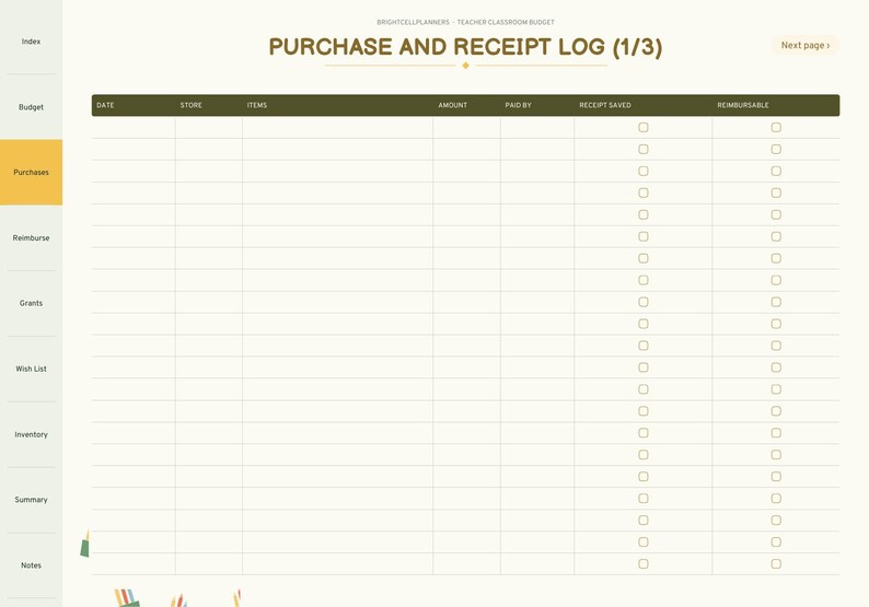 May include: A digital purchase and receipt log planner page with a dark green header row labeled Date, Store, Items, Amount, Paid By, Receipt Saved, and Reimbursable. The layout includes a sidebar with navigation tabs and checkboxes.
