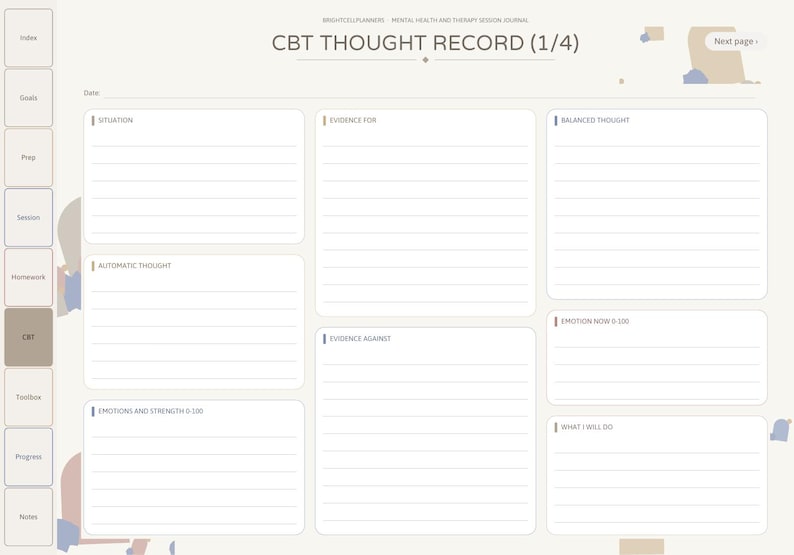 May include: A digital CBT Thought Record planner page with a light beige background. The layout features sections for Situation, Automatic Thought, Evidence For, Evidence Against, Balanced Thought, Emotion Now, and What I Will Do, with a side navigation bar.