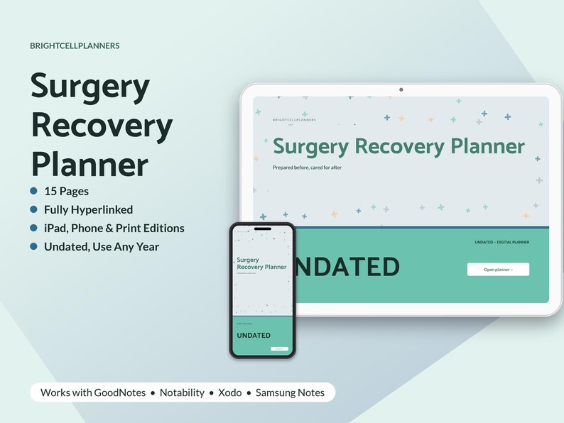 Surgery Recovery Planner Digital, Pre-Op Checklist, Medication Schedule, Wound Care and PT Log, Pain Tracker, Follow-Ups image 1