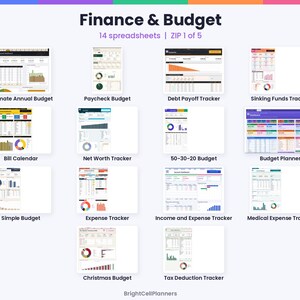 May include: A digital collection titled Finance & Budget featuring 14 spreadsheets including Ultimate Annual Budget, Paycheck Budget, Debt Payoff Tracker, Sinking Funds Tracker, Bill Calendar, Net Worth Tracker, 50-30-20 Budget, Budget Planner, Simple Budget, Expense Tracker, Income and Expense Tracker, Medical Expense Tracker, Christmas Budget, and Tax Deduction Tracker by BrightCellPlanners.