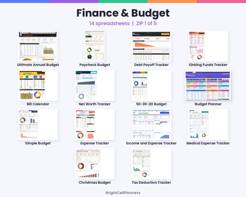 May include: A digital collection titled Finance & Budget featuring 14 spreadsheets including Ultimate Annual Budget, Paycheck Budget, Debt Payoff Tracker, Sinking Funds Tracker, Bill Calendar, Net Worth Tracker, 50-30-20 Budget, Budget Planner, Simple Budget, Expense Tracker, Income and Expense Tracker, Medical Expense Tracker, Christmas Budget, and Tax Deduction Tracker by BrightCellPlanners.