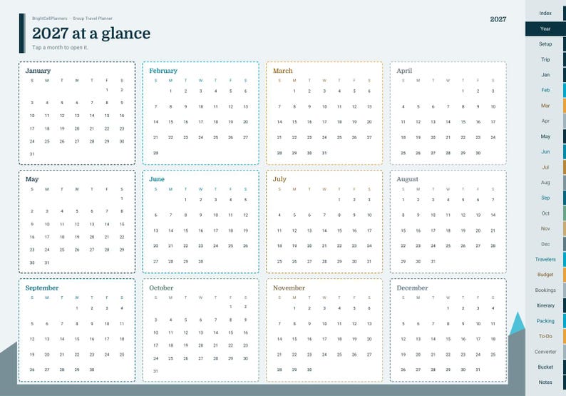 Puede incluir: Un planificador digital 2027 con vista anual que presenta doce cuadr&iacute;culas mensuales con bordes punteados. El dise&ntilde;o incluye un men&uacute; de navegaci&oacute;n lateral con pesta&ntilde;as para &iacute;ndice, a&ntilde;o, configuraci&oacute;n, viaje, viajeros, presupuesto y reservas.
