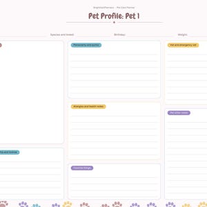 May include: A digital pet care planner page titled Pet Profile: Pet 1. The layout includes sections for photo, personality, vet info, allergies, microchip, favorite things, and pet sitter notes, with a side navigation bar and paw print accents.