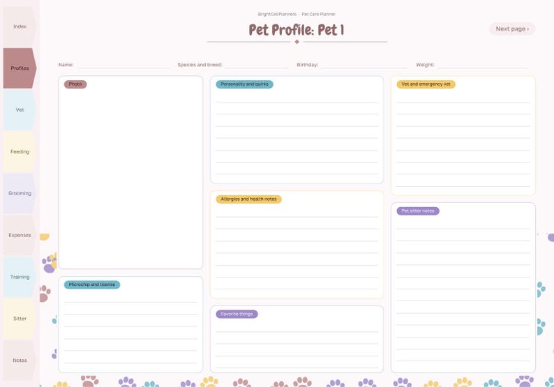 May include: A digital pet care planner page titled Pet Profile: Pet 1. The layout includes sections for photo, personality, vet info, allergies, microchip, favorite things, and pet sitter notes, with a side navigation bar and paw print accents.