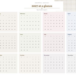 May include: A digital 2027 calendar planner page titled 2027 at a glance with a sidebar navigation menu. The layout features twelve monthly grids organized in a four-by-three grid format, each with light pastel backgrounds and black text.
