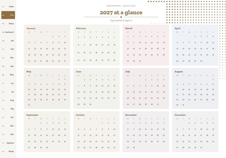 May include: A digital 2027 calendar planner page titled 2027 at a glance with a sidebar navigation menu. The layout features twelve monthly grids organized in a four-by-three grid format, each with light pastel backgrounds and black text.