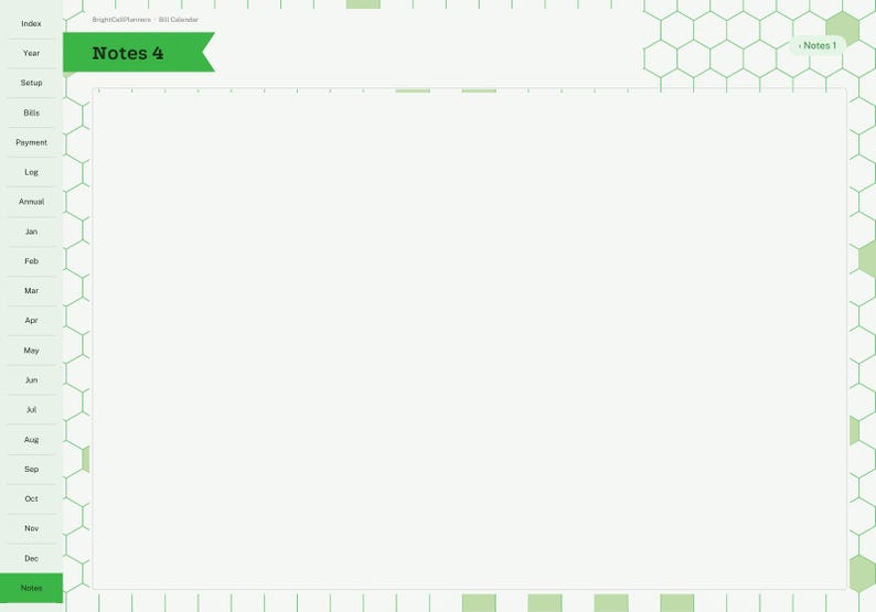 May include: A digital planner page with a white background and light green hexagonal border patterns. The left side features a vertical navigation tab list including Index, Year, Setup, Bills, Payment, Log, Annual, and months. The header displays Notes 4.