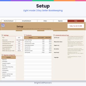 K&ouml;nnte beinhalten: Eine digitale Buchhaltungstabelle f&uuml;r Etsy-Verk&auml;ufer mit dem Titel Setup, die Reiter f&uuml;r Monthly Dashboard, Annual Dashboard, Orders, Expenses und Setup enth&auml;lt. Sie umfasst Abschnitte f&uuml;r Settings, Products, Expense categories und License terms.