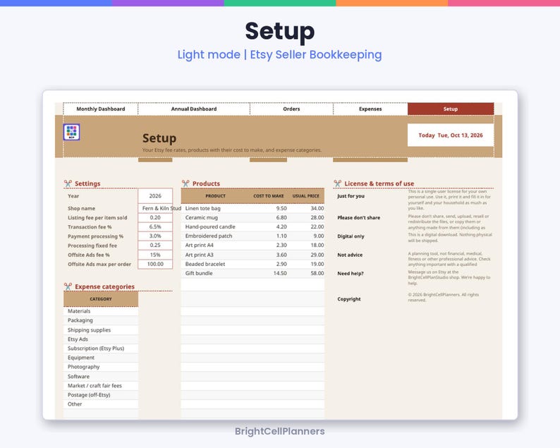 K&ouml;nnte beinhalten: Eine digitale Buchhaltungstabelle f&uuml;r Etsy-Verk&auml;ufer mit dem Titel Setup, die Reiter f&uuml;r Monthly Dashboard, Annual Dashboard, Orders, Expenses und Setup enth&auml;lt. Sie umfasst Abschnitte f&uuml;r Settings, Products, Expense categories und License terms.