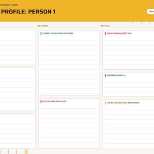 May include: A digital medical profile planner page titled Medical Profile: Person 1 with sections for allergies, medications, health insurance, medical conditions, preferred hospital, doctors, surgeries, and notes for responders, featuring a yellow header.