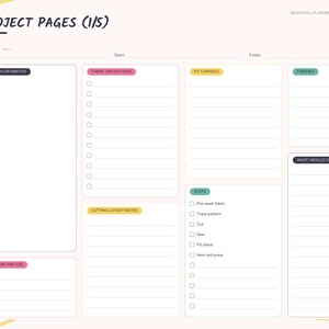 May include: A digital sewing project planner page with a light pink background. The layout includes sections for sketch or swatch, fabric and notions, fit changes, finished, cutting layout notes, pattern and size, and steps with checkboxes.
