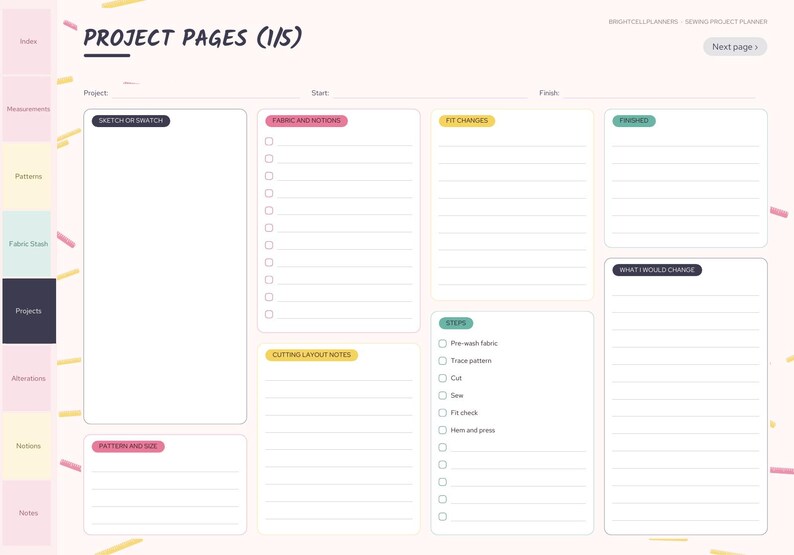 May include: A digital sewing project planner page with a light pink background. The layout includes sections for sketch or swatch, fabric and notions, fit changes, finished, cutting layout notes, pattern and size, and steps with checkboxes.