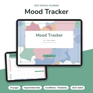 May include: A 2027 digital mood tracker planner displayed on two tablet screens. The interface features a white central box with the text Mood Tracker, 2027 Digital Planner, and Notice the patterns, care for you. The background has a pastel geometric pattern.