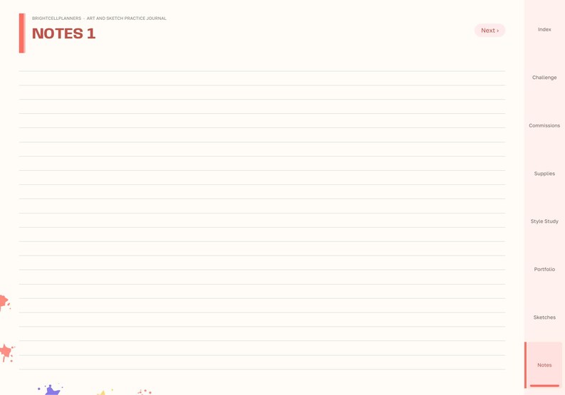 May include: A digital planner page titled NOTES 1 with horizontal lines for writing. The layout features a sidebar with navigation tabs including Index, Challenge, Commissions, Supplies, Style Study, Portfolio, Sketches, and Notes.