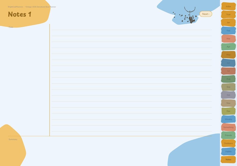 May include: A digital planner page titled Notes 1 with a light blue background, horizontal lines, and a vertical column on the left. The right side features a vertical navigation bar with colored tabs labeled Index, Year, Jan through Dec, and other categories. A small graphic of a hanging object is in the top right corner.