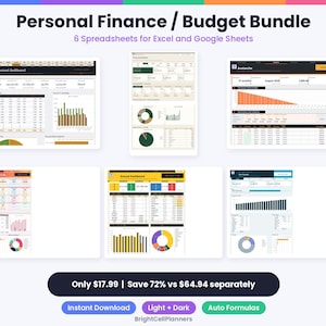 May include: A Personal Finance and Budget Bundle featuring six digital spreadsheets for Excel and Google Sheets. The display shows various financial dashboards with data tables, bar charts, and pie graphs in dark and light color themes.