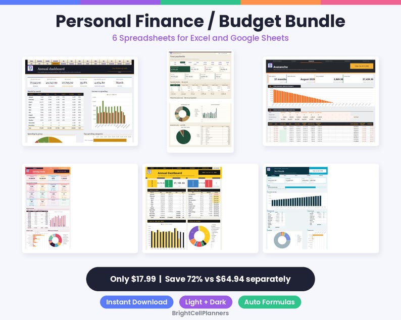 May include: A Personal Finance and Budget Bundle featuring six digital spreadsheets for Excel and Google Sheets. The display shows various financial dashboards with data tables, bar charts, and pie graphs in dark and light color themes.