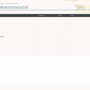 May include: A digital planner page titled SUPPORT CONTACTS with a sidebar containing tabs for Index, Team, Calendar, Side Effects, Appointments, Questions, Medication, Support, and Notes. The table includes columns for Name, Helps With, Phone, and Notes.