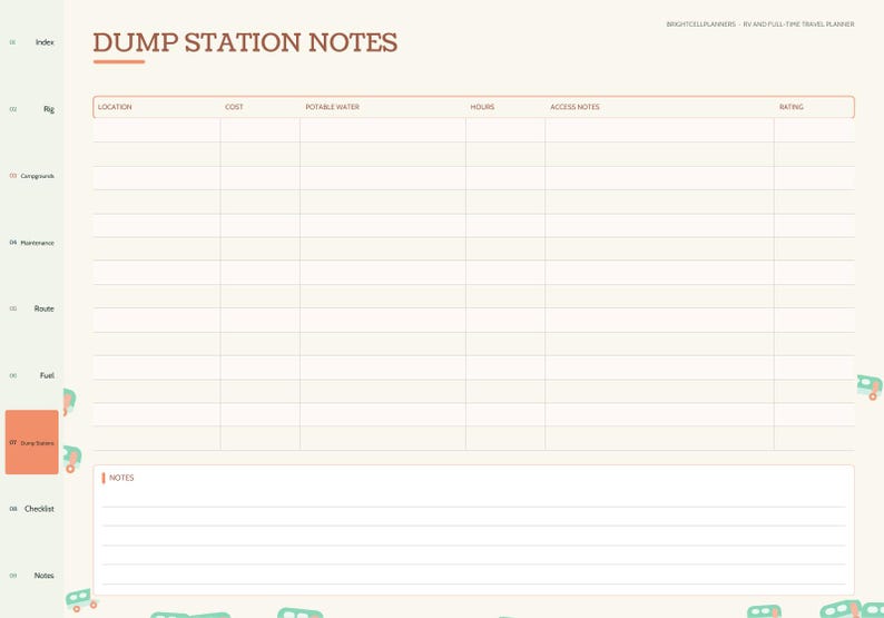 May include: A digital planner page titled DUMP STATION NOTES with a table featuring columns for location, cost, potable water, hours, access notes, and rating. The layout includes a section for notes at the bottom and a sidebar with navigation tabs.