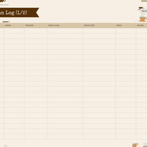 Puede incluir: Una p&aacute;gina de registro de granos de caf&eacute; digital con un encabezado marr&oacute;n etiquetado como Coffee Bean Log (1/2). La tabla incluye columnas para tostador, origen, proceso, nivel de tueste, fecha de tueste, precio y calificaci&oacute;n. Pesta&ntilde;a lateral en Beans.