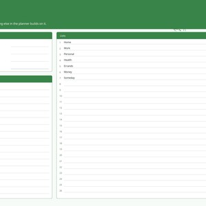 Puede incluir: Una p&aacute;gina de planificador digital titulada Setup para 2027 con un encabezado verde. Incluye secciones para The basics, Notes y una lista numerada para Home, Work, Personal, Health, Errands, Money y Someday. Barra de navegaci&oacute;n a la derecha.