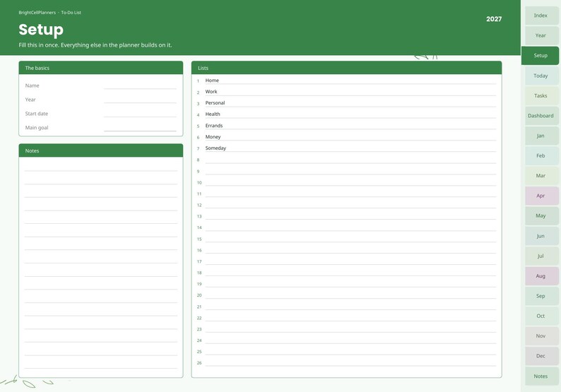 Puede incluir: Una p&aacute;gina de planificador digital titulada Setup para 2027 con un encabezado verde. Incluye secciones para The basics, Notes y una lista numerada para Home, Work, Personal, Health, Errands, Money y Someday. Barra de navegaci&oacute;n a la derecha.
