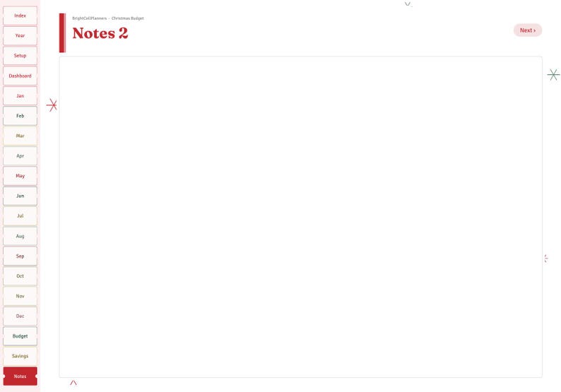 Peut inclure: Une page de planificateur num&eacute;rique intitul&eacute;e Notes 2 avec une barre lat&eacute;rale verticale rouge contenant des onglets pour Index, Year, Setup, Dashboard, les mois de Jan &agrave; Dec, Budget, Savings et Notes. Un grand espace blanc vide.