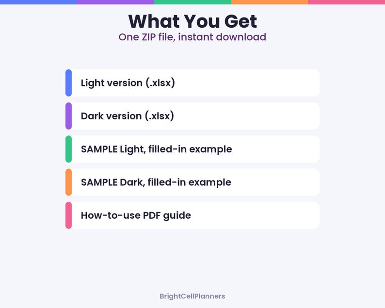 May include: A digital product listing titled What You Get, One ZIP file, instant download. It lists five items: Light version (.xlsx), Dark version (.xlsx), SAMPLE Light, filled-in example, SAMPLE Dark, filled-in example, and How-to-use PDF guide.