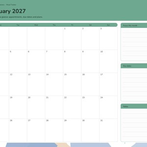 May include: A digital January 2027 monthly calendar planner page with a sage green header, a grid for dates 1 through 31, and three side sections labeled Focus this month, Key dates, and Notes. The left sidebar lists months.