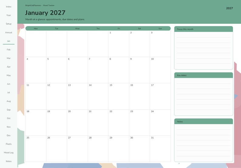 May include: A digital January 2027 monthly calendar planner page with a sage green header, a grid for dates 1 through 31, and three side sections labeled Focus this month, Key dates, and Notes. The left sidebar lists months.