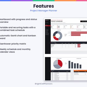 Puede incluir: Una interfaz de planificador de gesti&oacute;n de proyectos con panel de control, estado de progreso, cronogramas de tareas, diagramas de Gantt, tableros Kanban, matriz de prioridades de Eisenhower y vistas de calendario. Gr&aacute;ficos rojos, grises y negros.