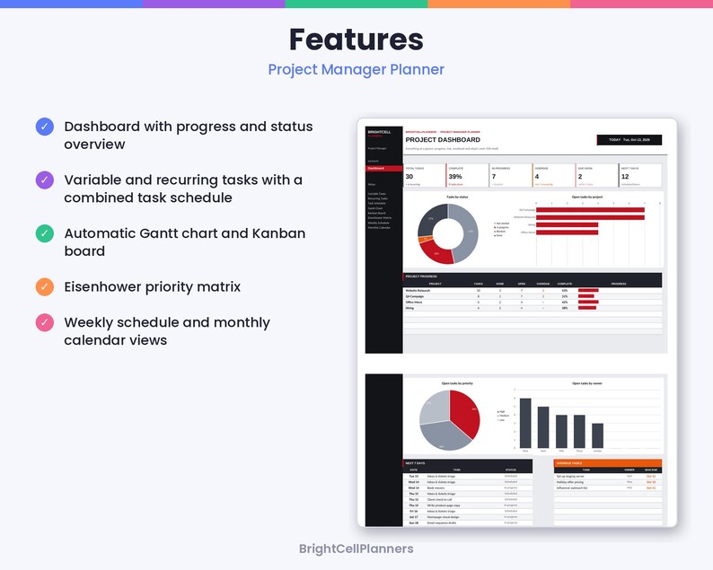 Puede incluir: Una interfaz de planificador de gesti&oacute;n de proyectos con panel de control, estado de progreso, cronogramas de tareas, diagramas de Gantt, tableros Kanban, matriz de prioridades de Eisenhower y vistas de calendario. Gr&aacute;ficos rojos, grises y negros.