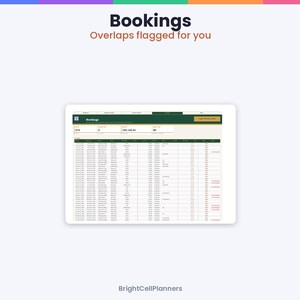 May include: A digital spreadsheet interface titled Bookings with the subtitle Overlaps flagged for you. The table displays rows of booking data with columns for dates, names, and status, featuring a dark green header and BrightCellPlanners text.
