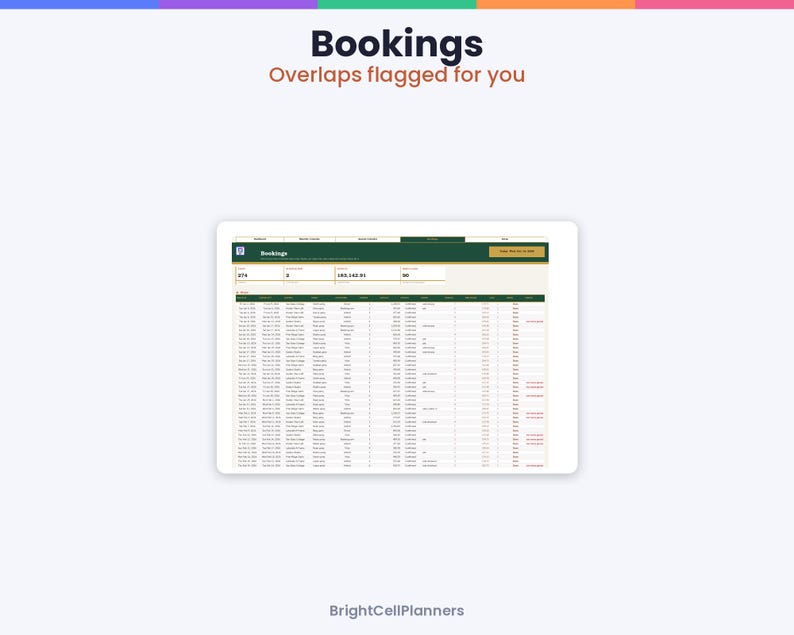 May include: A digital spreadsheet interface titled Bookings with the subtitle Overlaps flagged for you. The table displays rows of booking data with columns for dates, names, and status, featuring a dark green header and BrightCellPlanners text.