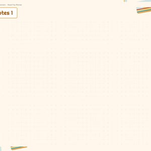 K&ouml;nnte beinhalten: Eine digitale Planerseite mit dem Titel Notes 1, einem cremefarbenen Hintergrund und einem hellbraunen Punktraster. Die linke Seitenleiste enth&auml;lt Abschnitte wie Index, Trip, Route, Fuel, Packing, Itinerary, Games, Memories und Notes.