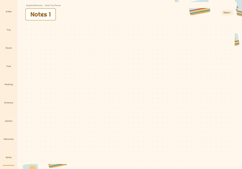 K&ouml;nnte beinhalten: Eine digitale Planerseite mit dem Titel Notes 1, einem cremefarbenen Hintergrund und einem hellbraunen Punktraster. Die linke Seitenleiste enth&auml;lt Abschnitte wie Index, Trip, Route, Fuel, Packing, Itinerary, Games, Memories und Notes.