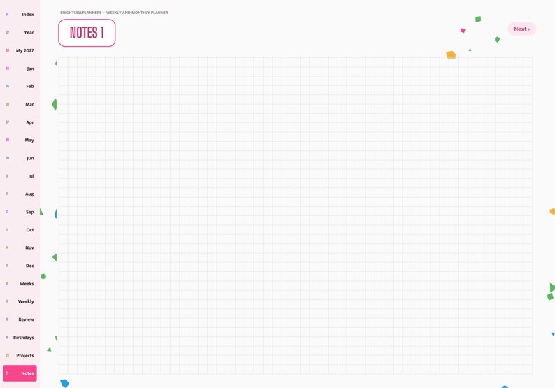 May include: A digital planner page titled NOTES 1 with a light grid background. The left sidebar features navigation labels including Index, Year, My 2007, months from Jan to Dec, Weeks, Weekly, Review, Birthdays, Projects, and Notes. Confetti accents appear.
