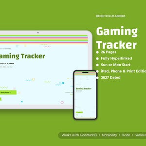 Pu&ograve; includere: Un pianificatore digitale per il monitoraggio dei giochi visualizzato su uno schermo di tablet e smartphone. L'interfaccia presenta il testo Gaming Tracker, 2027 Digital Planner e un pulsante verde con l'etichetta Open planner. Il layout include linee colorate.