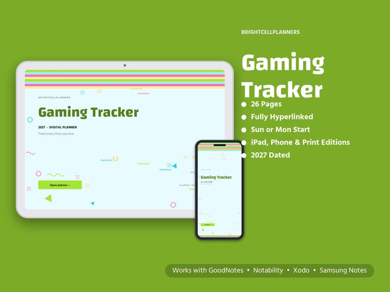 Pu&ograve; includere: Un pianificatore digitale per il monitoraggio dei giochi visualizzato su uno schermo di tablet e smartphone. L'interfaccia presenta il testo Gaming Tracker, 2027 Digital Planner e un pulsante verde con l'etichetta Open planner. Il layout include linee colorate.