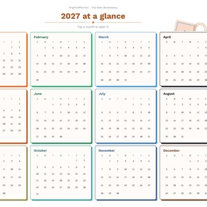 May include: A digital 2027 calendar planner page titled 2027 at a glance with twelve monthly grids organized in a four-by-three layout. Each month features a colored border and a navigation sidebar on the right with labels including Index, Year, Setup, Monthly, Annual, Orders, Expenses, and Notes.