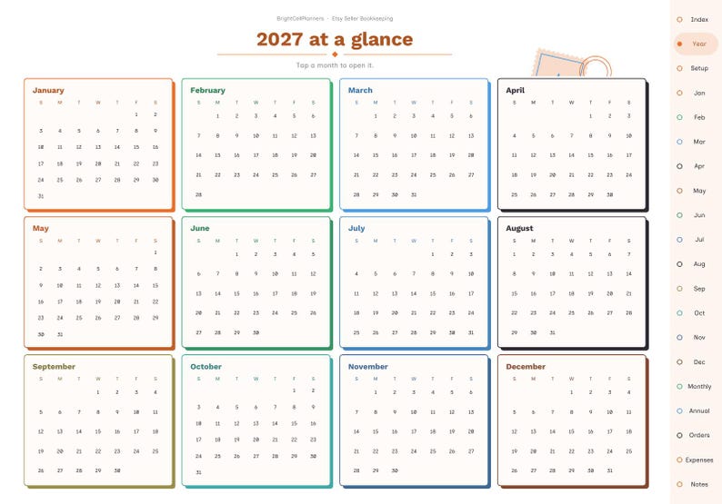 May include: A digital 2027 calendar planner page titled 2027 at a glance with twelve monthly grids organized in a four-by-three layout. Each month features a colored border and a navigation sidebar on the right with labels including Index, Year, Setup, Monthly, Annual, Orders, Expenses, and Notes.