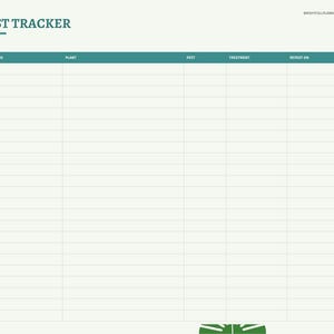 May include: A digital pest tracker page for a houseplant care journal with a teal header labeled PEST TRACKER. The table includes columns for date found, plant, pest, treatment, repeat on, and gone, with a sidebar of colored tabs.