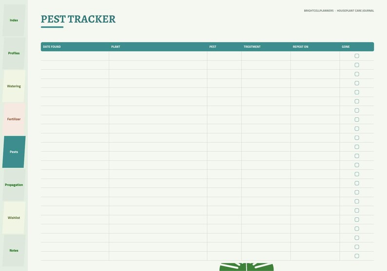 May include: A digital pest tracker page for a houseplant care journal with a teal header labeled PEST TRACKER. The table includes columns for date found, plant, pest, treatment, repeat on, and gone, with a sidebar of colored tabs.