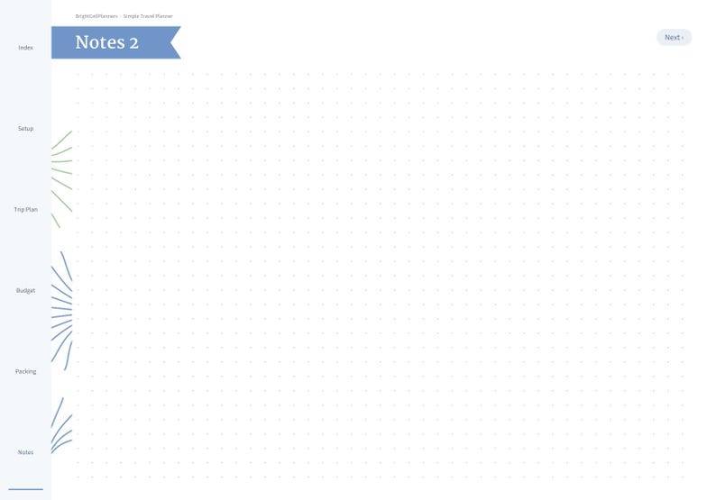 K&ouml;nnte beinhalten: Eine digitale Planerseite mit der &Uuml;berschrift Notes 2 und einem blauen Banner oben. Die linke Seitenleiste enth&auml;lt Index, Setup, Trip Plan, Budget, Packing und Notes. Der Hauptbereich hat einen wei&szlig;en Hintergrund mit Punktgitter.
