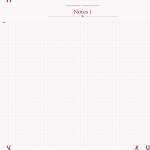 May include: A digital planner page titled Notes 1 with a grid background. The left sidebar lists Index, Profile, Pain Log, Pain Map, Triggers, Treatment, Surgery, Doctor, and Notes. The page features a light pink theme with dark pink ribbon icons.