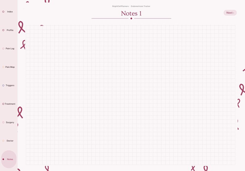 May include: A digital planner page titled Notes 1 with a grid background. The left sidebar lists Index, Profile, Pain Log, Pain Map, Triggers, Treatment, Surgery, Doctor, and Notes. The page features a light pink theme with dark pink ribbon icons.