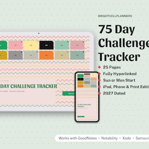 May include: A digital 75 Day Challenge Tracker planner displayed on a tablet and smartphone screen. The interface features a light pink background with colorful zigzag patterns, twelve rectangular tabs, and the text 75 Day Challenge Tracker.