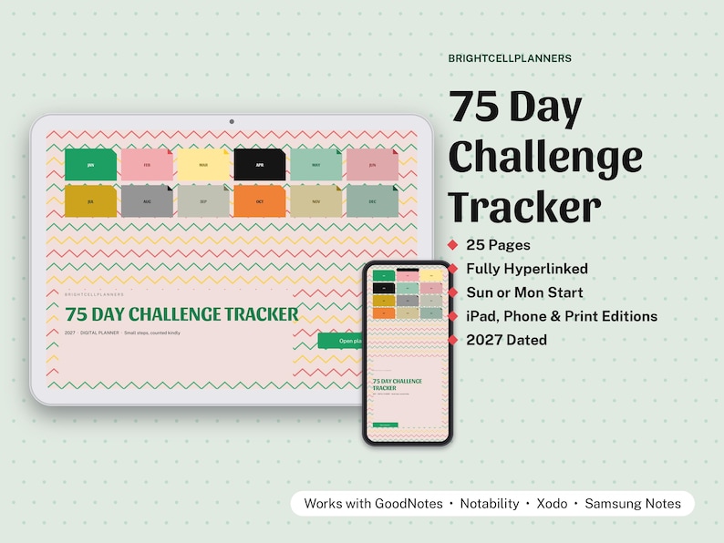May include: A digital 75 Day Challenge Tracker planner displayed on a tablet and smartphone screen. The interface features a light pink background with colorful zigzag patterns, twelve rectangular tabs, and the text 75 Day Challenge Tracker.
