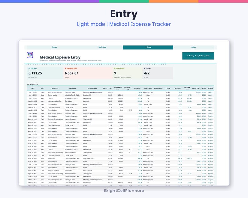 Puede incluir: Una hoja de c&aacute;lculo digital para el seguimiento de gastos m&eacute;dicos en modo claro. La interfaz muestra un panel de Medical Expense Entry con columnas para fecha, persona, categor&iacute;a, proveedor, descripci&oacute;n y varios costos.